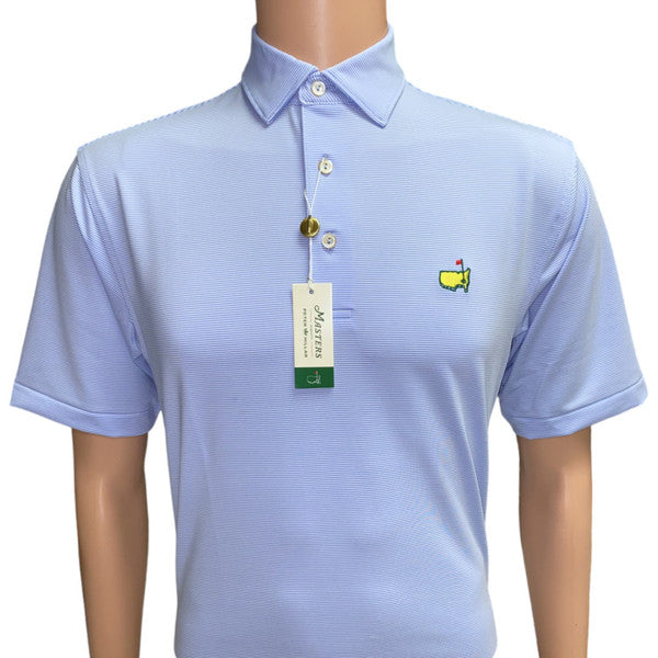 Masters Peter Millar Performance Tech Light Blue and White Tight Micro Stripe Golf Shirt