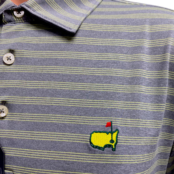 Masters Tech Grey Heather Performance Polo with Key Lime Quad Stripe Pattern