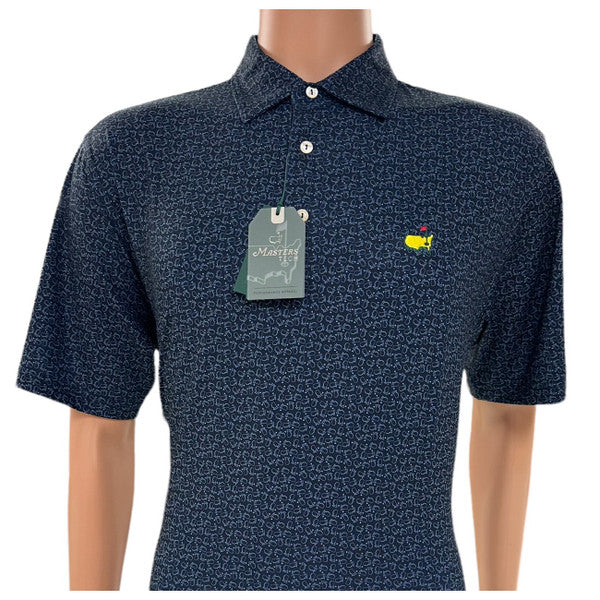 Masters Tech navy golf polo with light blue outline map logo pattern
