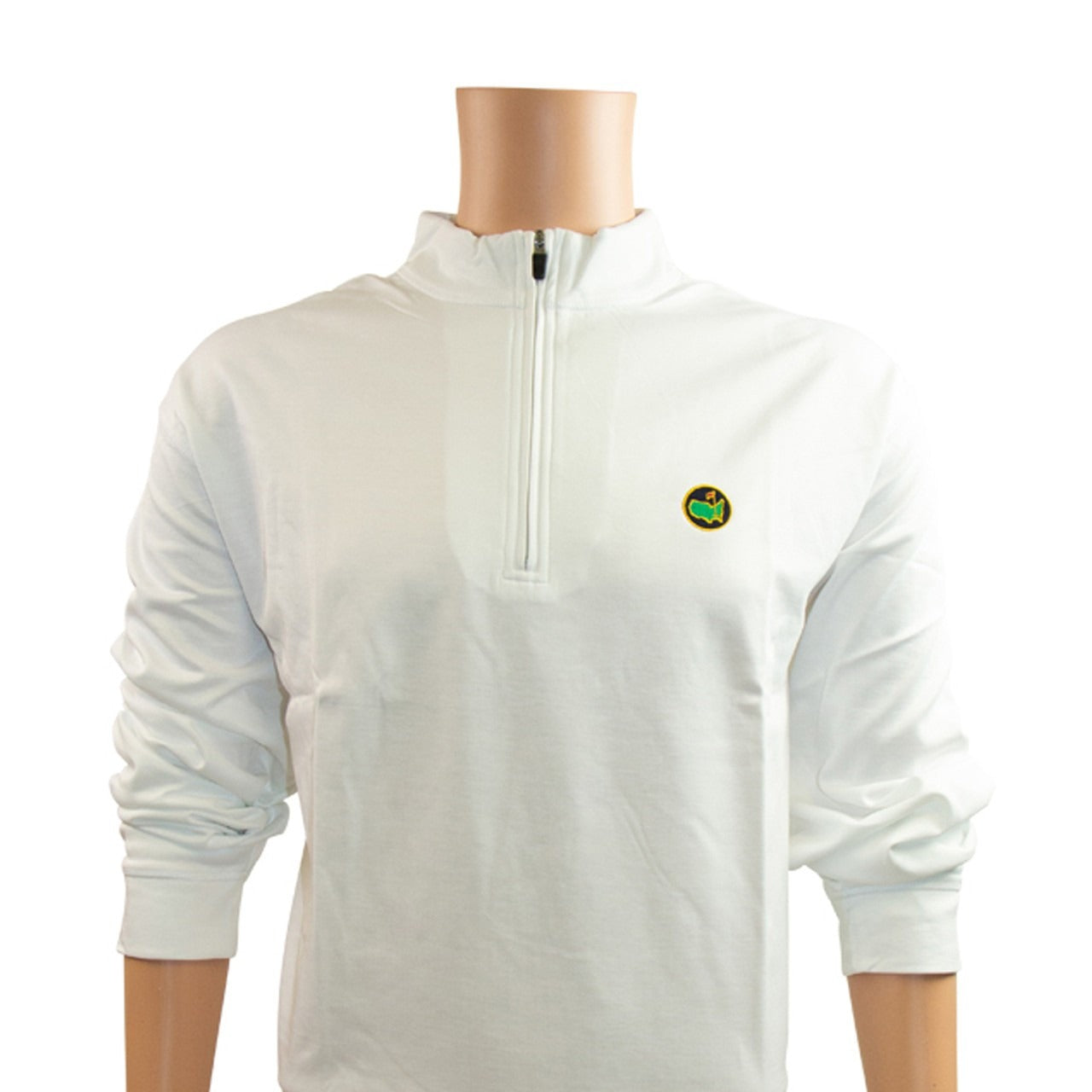 White quarter-zip pullover with a logo on a mannequin against a white background