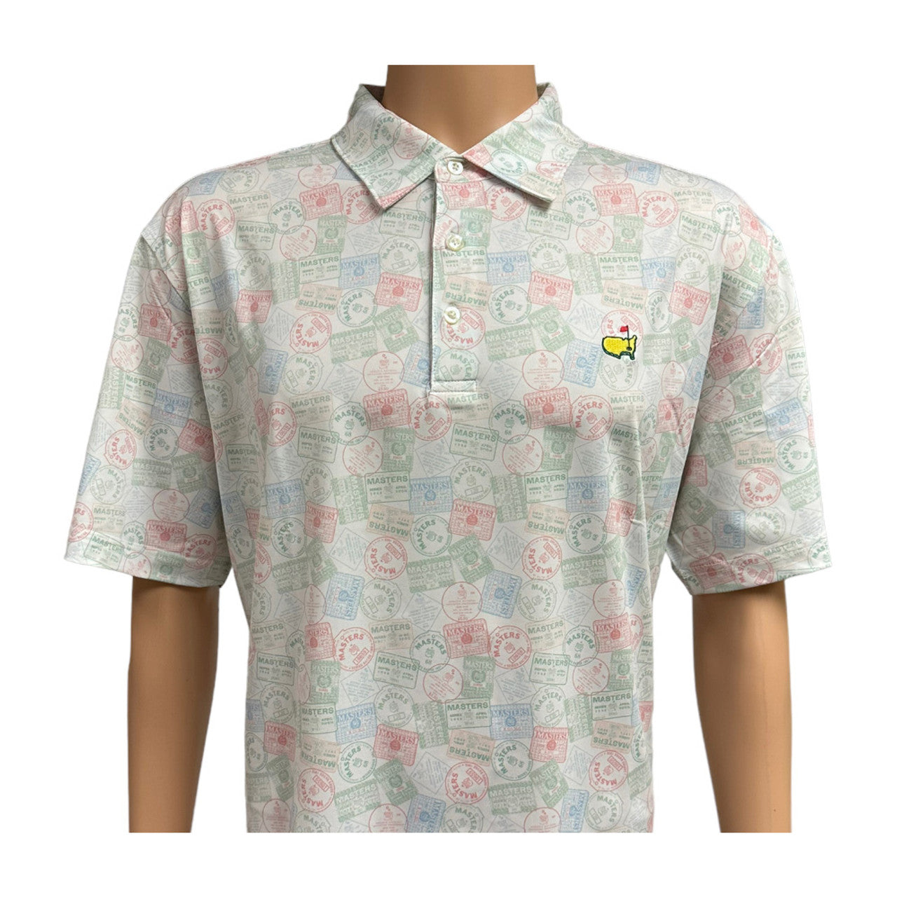 Masters Tech white polo shirt with badge print design