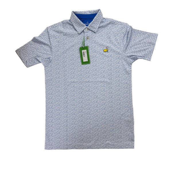 Masters Kids Youth White Tech Polo with Blue Outline Map Logo Pattern