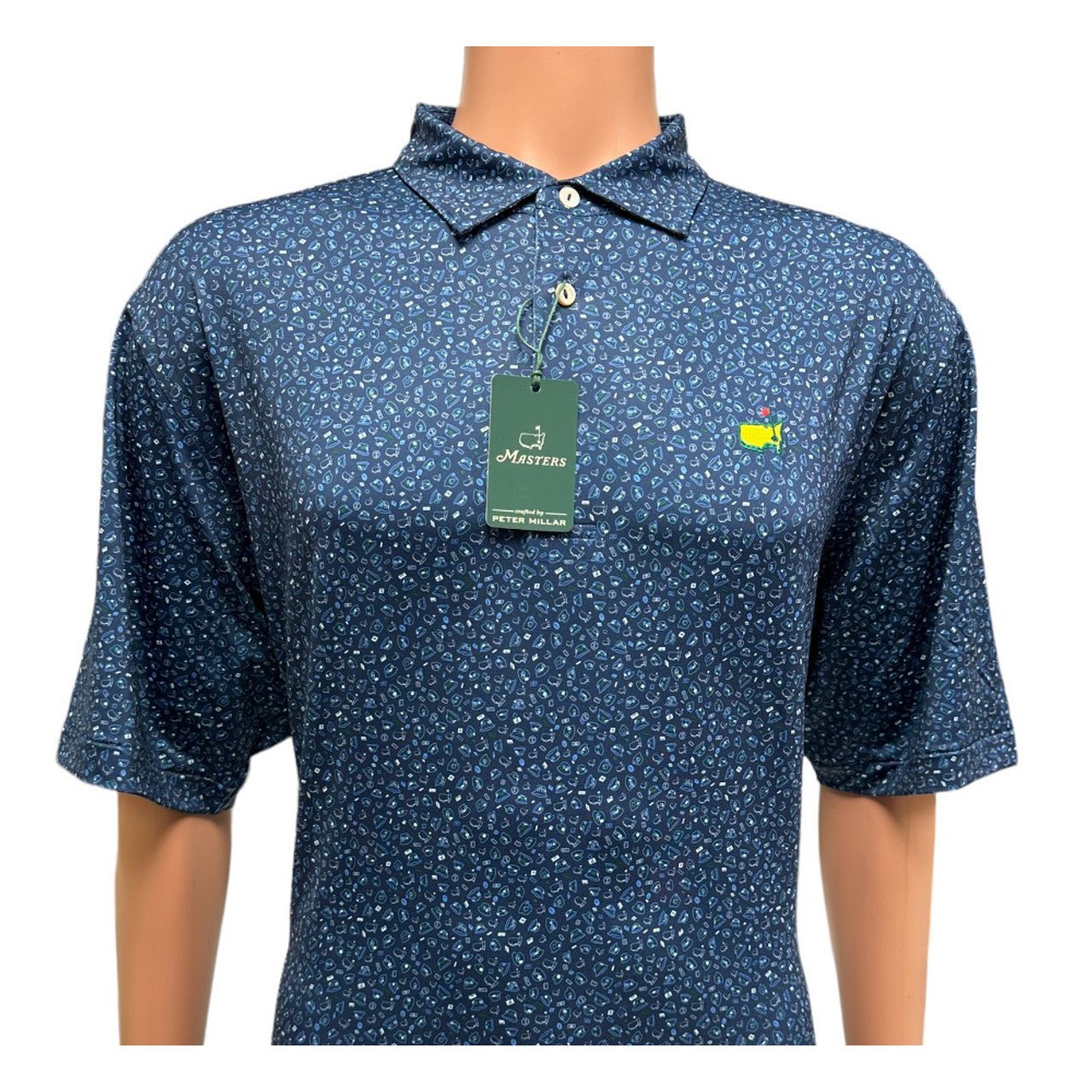 Masters Peter Millar Tech Navy Blue Bucket Hat & Badges Pattern Performance Golf Polo Shirt